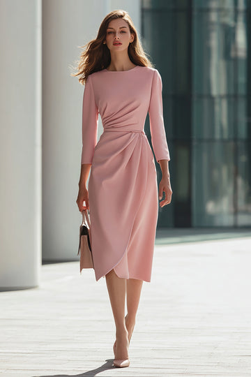 Pink Ruched Sheath Work Dress With 3/4 sleeves